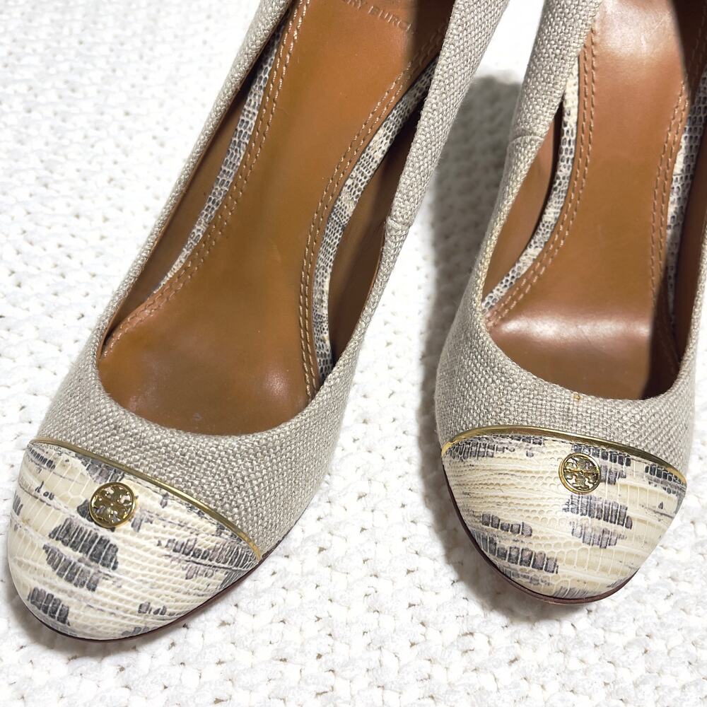 Tory Burch SZ 7 Beige Canvas Block Heel - Picture 5 of 10